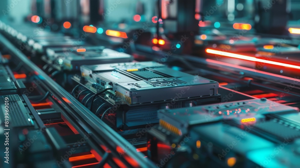 Poster solid state batteries in a cuttingedge production line top view showing innovative storage solutions