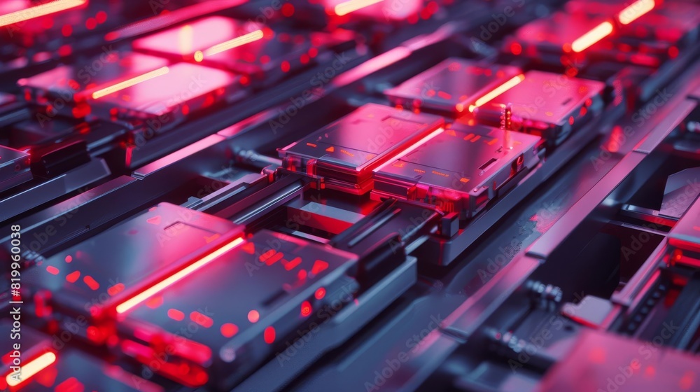 Poster solid state batteries in a cuttingedge production line top view showing innovative storage solutions
