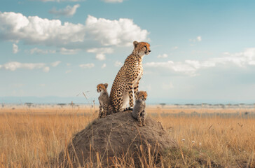 A mother cheetah and her cubs perched on top of a hill in the savannah, their spots blending in with the natural surroundings as they watched for prey.