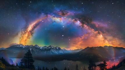 Naklejka premium A panoramic photo of the Milky Way over Lake Celestial's summer night sky, featuring vibrant colors and a radiant rainbow arching across its center. 