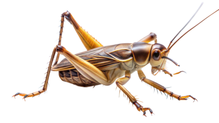 Cricket: An image of a cricket, showing its elongated body, large hind legs for jumping, and long antennae, isolated on white background