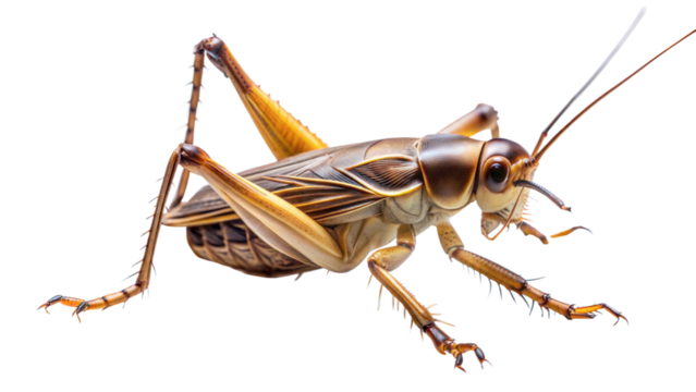 Cricket: An image of a cricket, showing its elongated body, large hind legs for jumping, and long antennae, isolated on white background