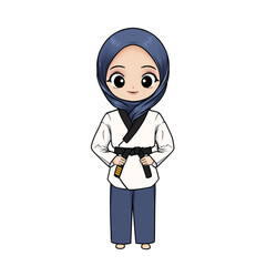 illustration of a taekwondo girl wearing a uniform and hijab with a black four stripes belt on a transparent background