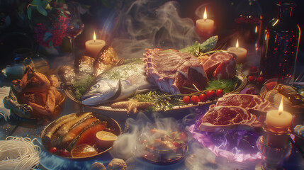 Mystical Feast, A Fantastical Spread of Enchanted Delicacies and Candlelit Ambiance
