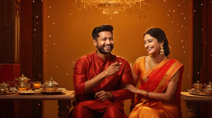 happy young indian couple sitting together
