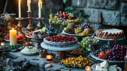 Fototapeta premium Grandiose Feast Delicacies Decadent Cakes Vibrant Fruits Medieval Setting Candlelight