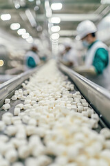 Factory workers mold bioplastic pellets into eco-friendly containers in a modern manufacturing facility.
