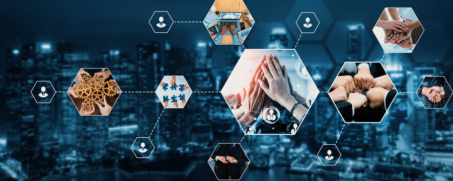 Teamwork and human resources HR management technology concept in corporate business with people group networking to support partnership, trust, teamwork and unity of coworkers in office kudos