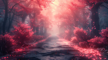 A mystical forest path with vibrant pink foliage and a soft, ethereal light filtering through the trees. The scene has a dreamy, otherworldly atmosphere.