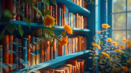 A photo of bookshelves in a library with a depth blur effect and an orange and blue color scheme....