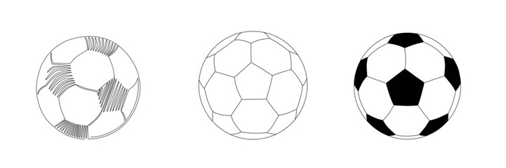 Soccer balls set icons. Vector stock illustration isolated on white background for design template football game and championship. Editable stroke line.