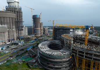 Aerial view of construction site of modern office buildings in Chengdu city, China