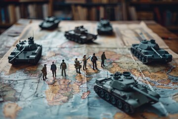 Soldier toys and tanks on map, war concept