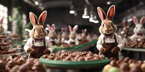  whimsical chocolate factory where bunnies are making Easter treats for easter holiday celebration