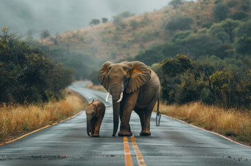 A mother elephant and her calf walk along the road in an African wildlife park, with lush green vegetation on both sides of their path