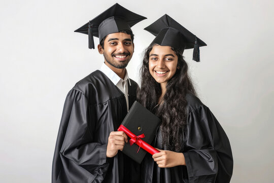 young indian male and female students wearing graduation gowns
