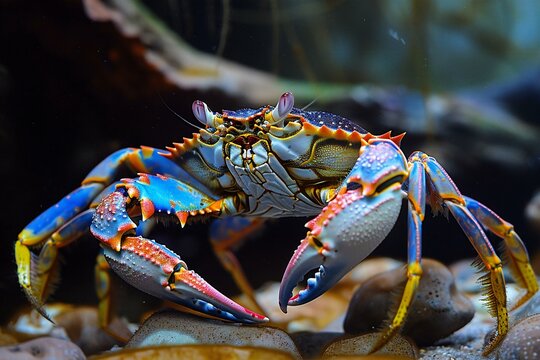 Photo of a blue crab with blue & yellow tails, high quality, high resolution