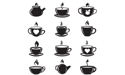 Hot tea cup vector icons set black, modern solid symbol collection, filled style pictogram pack. Signs, logo illustration white background