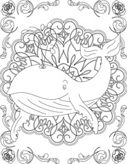 Whale on Mandala Coloring Page. Printable Coloring Worksheet for Adults and Kids. Educational Resources for School and Preschool. Mandala Coloring for Adults