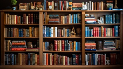 A traditional wooden bookcase houses an assortment of books, curios, and plants, creating a scholarly yet cozy corner