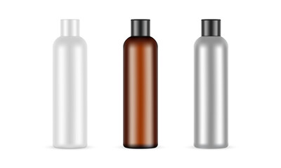 Set Of Tall Cosmetic Bottles, Plastic, Amber, Metallic Mockups, Isolated on White Background. Vector Illustration