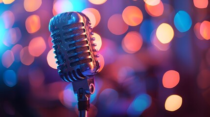A vintage microphone with colorful lights in the background, symbolizing retro music and comedy...