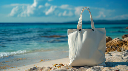 Fabric bag mock-up. Organic, cotton, sustainable and ecological fabric bag. Blank space, copy space. Out of focus background of sea and sand on the beach. Bag for the beach.