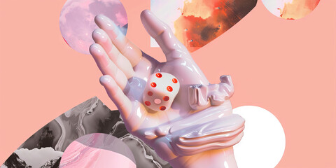 Surreal 3D Art Hand Holding Dice in Abstract Pink Collage