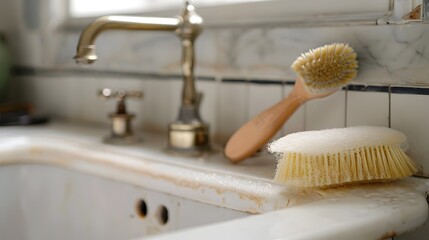 Scrub Brush and Sponge Ready for Spring Cleaning in Bathroom