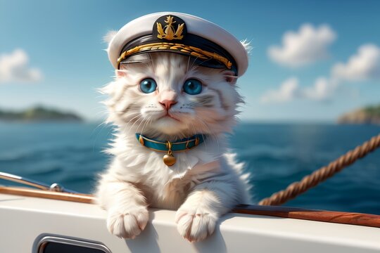 cute kitten captain of a ship at sea, summer vacation