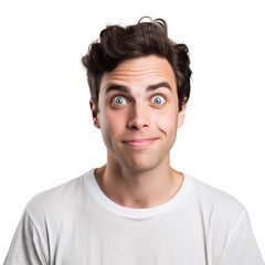 Obraz premium Smiling man with surprised and shocked expression, isolated on transparent background