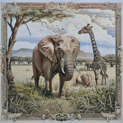 Fototapeta premium Copperplate illustrations depicting wild animals.