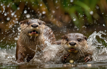 A pair of otters playfully splashing in the river, their joyful expressions captured