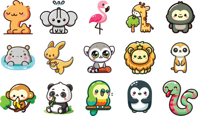 Cute Zoo Animals Vector Set 15 Kawaii Drawings