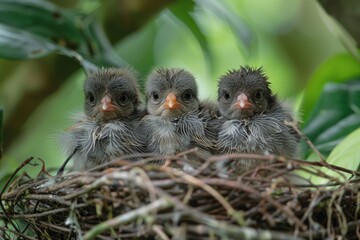 Little birds chicks in a nest on a tree