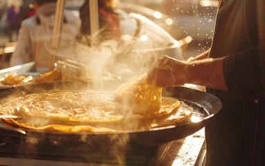 Freshly made crepes being prepared at a street stall close up, French street food theme, ethereal, silhouette, festival backdrop
