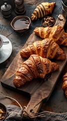 Freshly baked croissants arranged on a rustic wooden board focus on, breakfast theme, futuristic, manipulation, French bakery backdrop