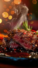 Gourmet steak dish with gourmet sides and sauces close up, entree theme, whimsical, silhouette, high-end steakhouse backdrop