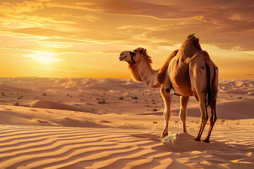 a camel in the desert, sunset