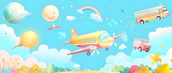 Whimsical Cartoon Landscape with Colorful Vehicles and Imaginary Elements