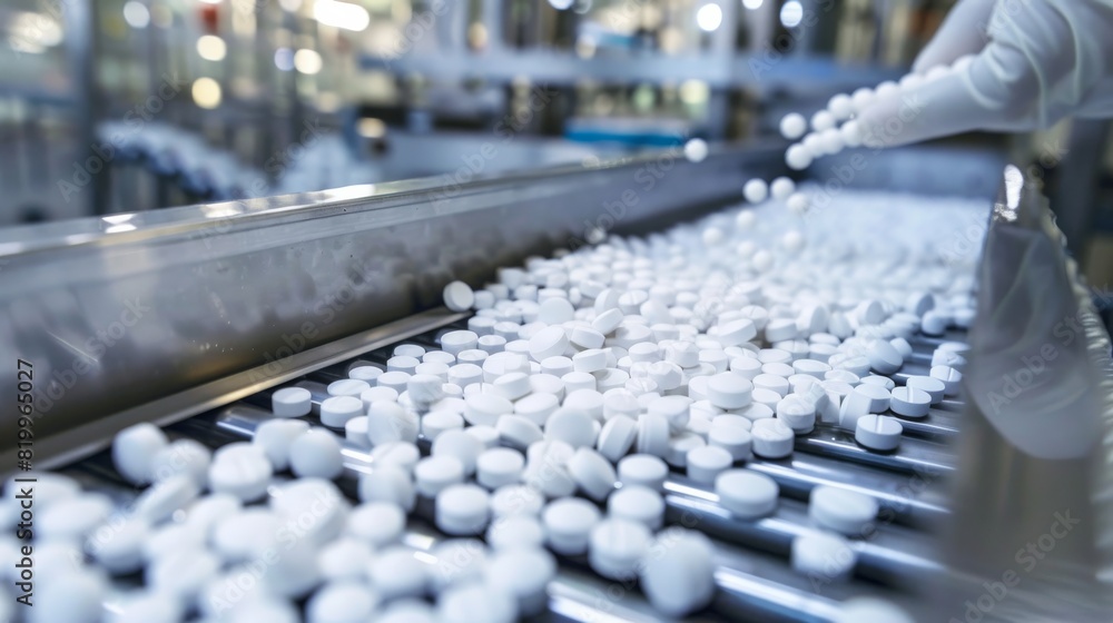 Poster an intricate sight of pills being transported on a conveyor belt in a pharmaceutical manufacturing s
