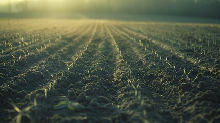 Fototapeta premium Sprouting Seeds in Spring Fields: A Cinematic Morning of Growth and Vitality