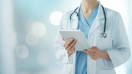 In a modern medical facility, a healthcare professional demonstrates the use of a tablet, underlining the significance of technology in healthcare. Digital tools are pivotal in medical practices