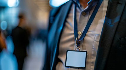 A close-up of a stylish name badge with a lanyard, prominently displaying the employeeâs name and position.