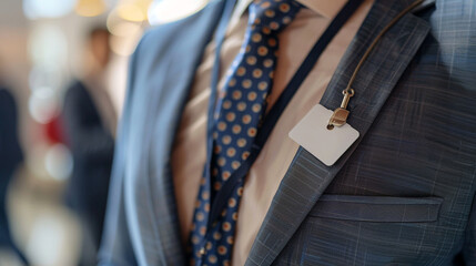 A close-up of a stylish name badge with a lanyard, prominently displaying the employeeâs name and position.