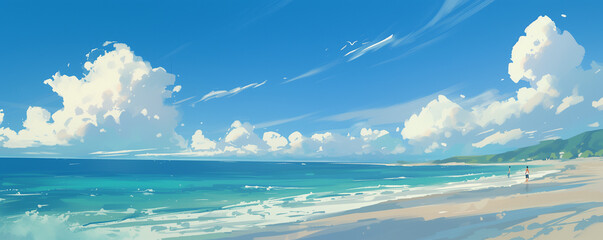 Illustration of Quiet Beach with Calm Waves and Clear Skies