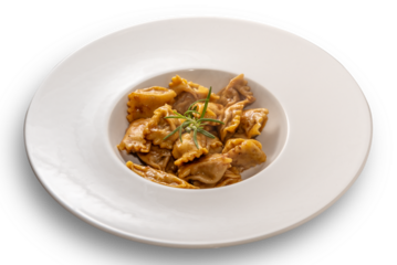 Agnolotti del Plin seasoned with roast sauce, stuffed egg pasta ravioli from the tradition of Piedmont, Italy. Plin in white plate isolated
