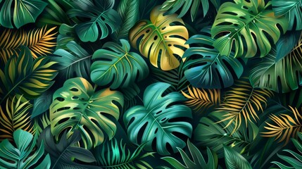 A detailed illustration of tropical foliage arranged in a seamless pattern. The composition includes lush, abstract leaves in vibrant green tones with accents of turquoise and gold, creating a rich