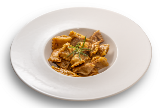 Agnolotti del Plin seasoned with roast sauce, stuffed egg pasta ravioli from the tradition of Piedmont, Italy. Plin in white plate isolated