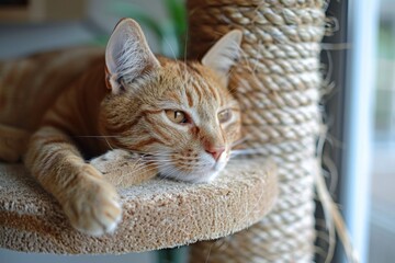 Cat resting near scratching posts